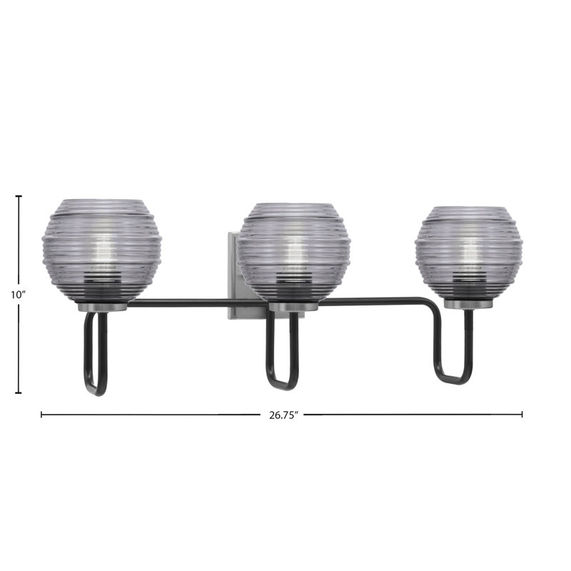 Amarmula 3 Light Bath Bar, Matte Black & Graphite Finish, 6" Smoke Ribbed Glass, Clear/Black, Black/Nickel