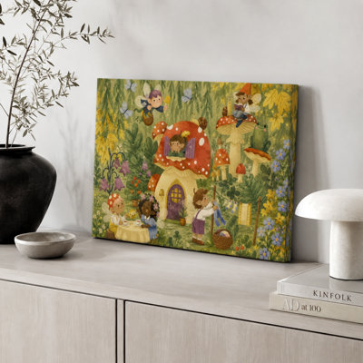 Whimsical Fairy Mushroom Village Artwork, Kids Room Pictures, Framed Canvas Giclee Print Wall Art