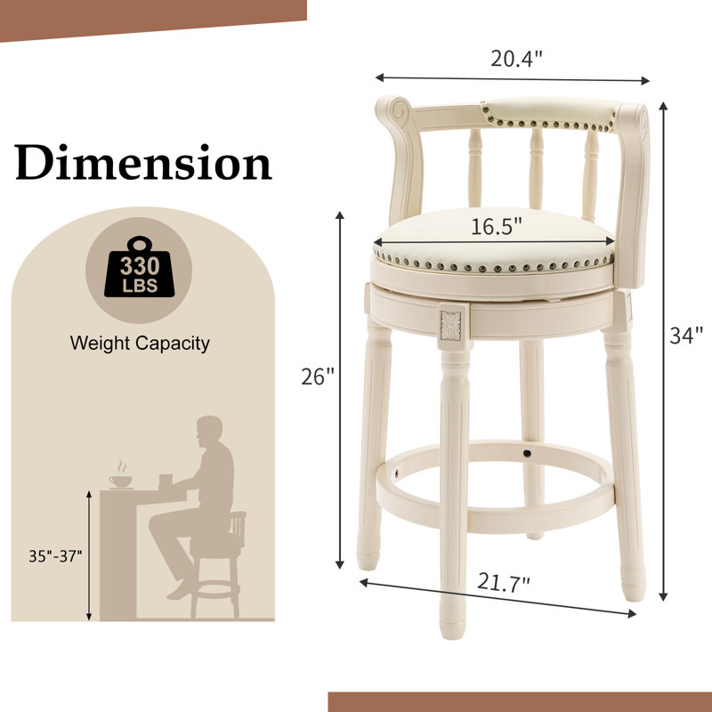 Full-Grain Leather Bar Stool Counter Height Stool Solid Wood Swivel Barchair with Footrest for Kitchen Dining Room Living Room