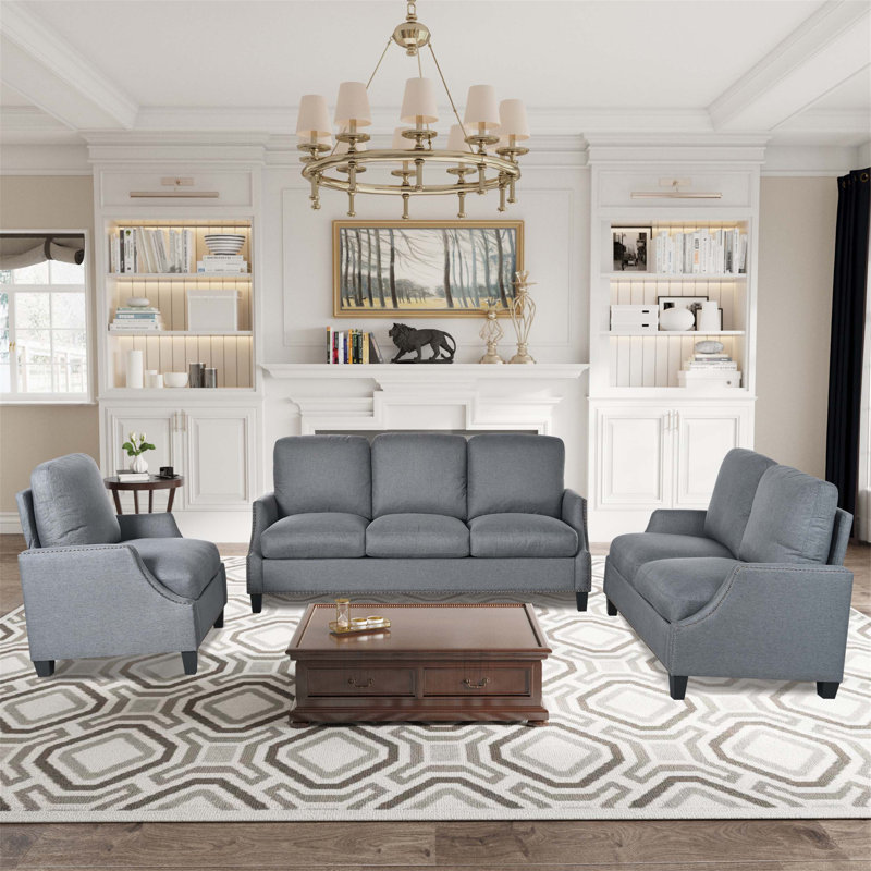 Modern 3 Piece Living Room Sofa Sets with Sectional Couch, Loveseat and Armchair, Ideal for Apartment Comfort and Style, Gray