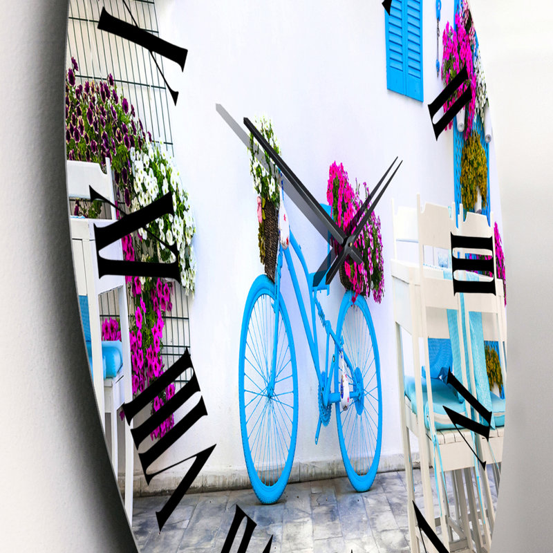 Horloge murale industrielle bleue avec bicyclette et fleurs, Petit