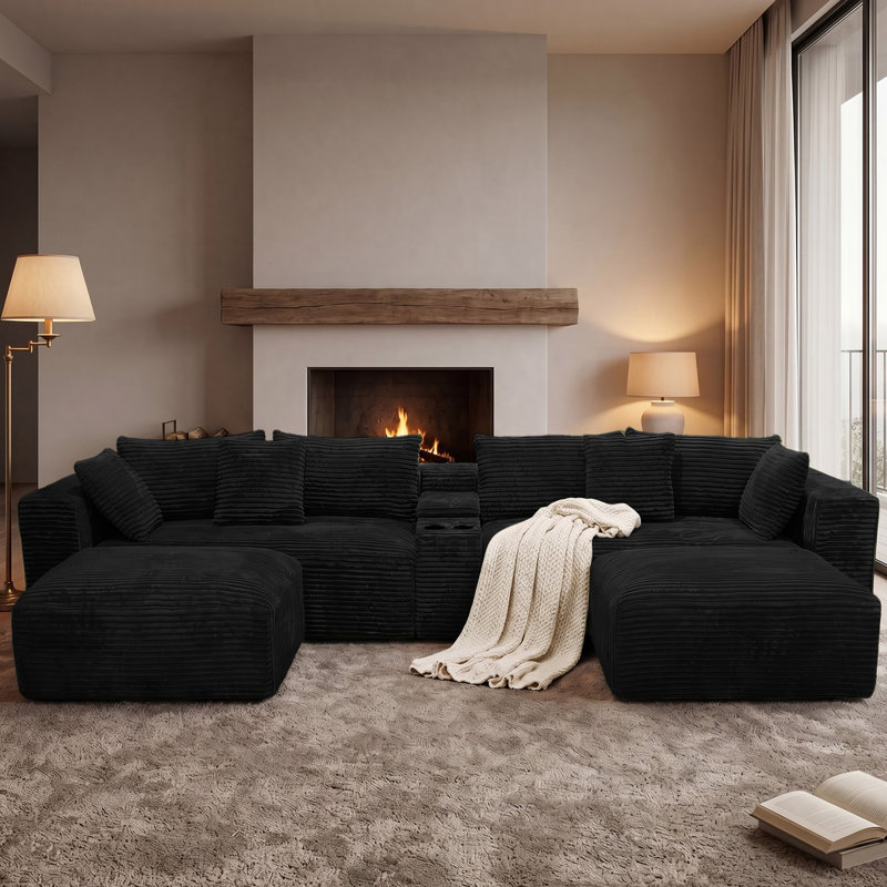 Canapé modulaire surdimensionné en velours côtelé avec console USB et porte-gobelets, Black Chenille