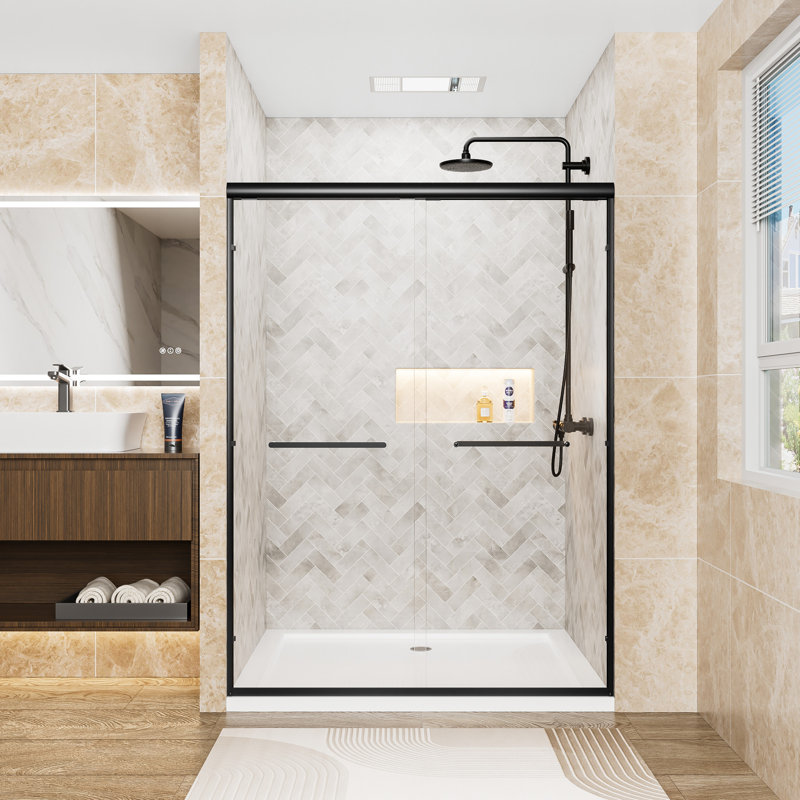 54" W X 72" H Double Sliding Shower Door With 1/4" (6mm) Clear Tempered Glass, Matte Black Aluminum Frame, Dual Stainless Handles, Adjustable Width, Enhanced , Reversible Setup For Bathroom H, Glass