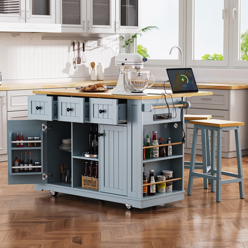 53inch Large Kitchen Island with Drop Leaf, Grey-Blue