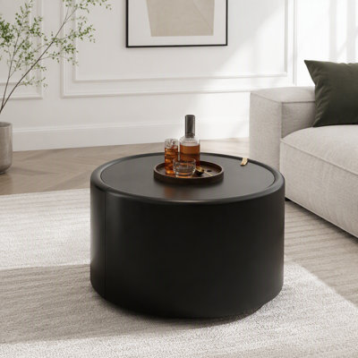 Table basse ronde avec plateau en verre trempé et rangement dissimulé