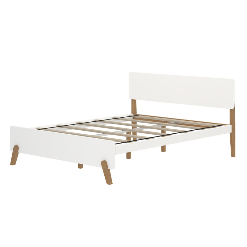 Mid-Century Modern Queen White and Pecan Pine Platform Bed
