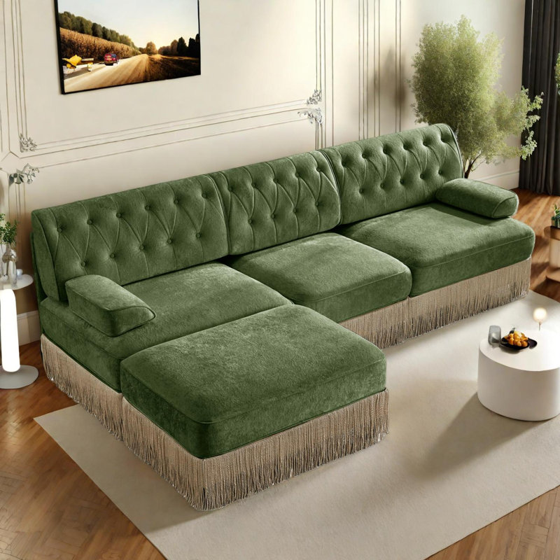 Canapé modulaire 3 places en velours capitonné, Vert