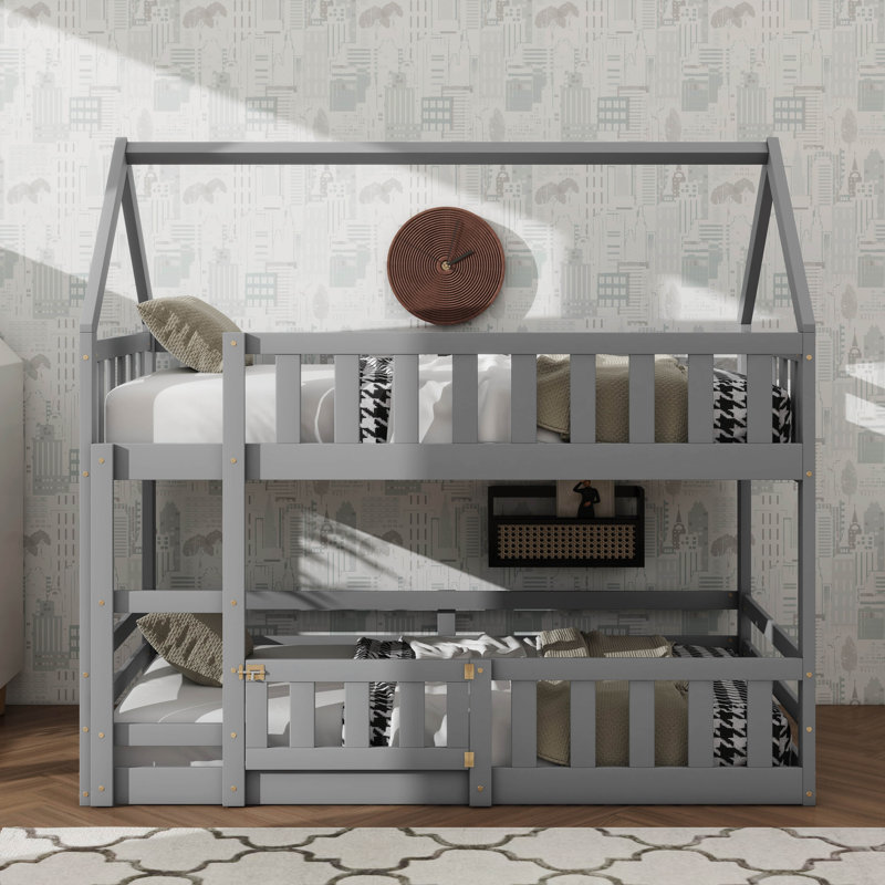 Twin-Over-Twin Bunk Bed With Fence & Door, House Style, Gray
