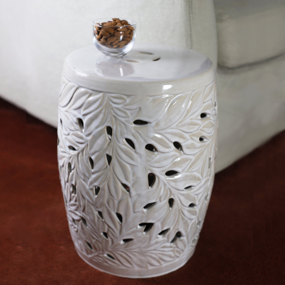 Olivia Leaf design Fine Ceramica 13'' x 13'' x 18'' H Indoor and Outdoor Decorative Garden Stool Side Table , Reactive White Glazed Euro Ceramica