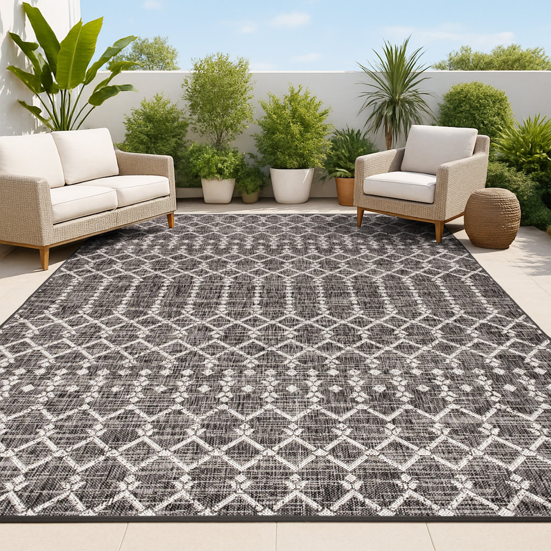 Crompton Moroccan Geometric Textured Weave Black/Gray Indoor/Outdoor Rug Langley Street® Rug 