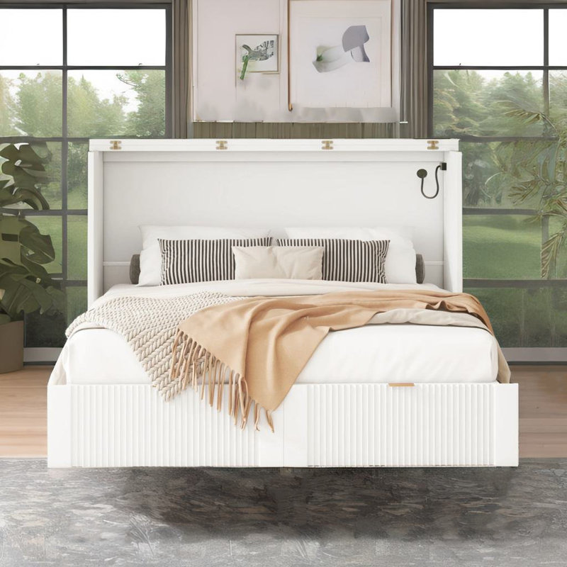 Lit escamotable double pleine grandeur, blanc, Blanc, Double