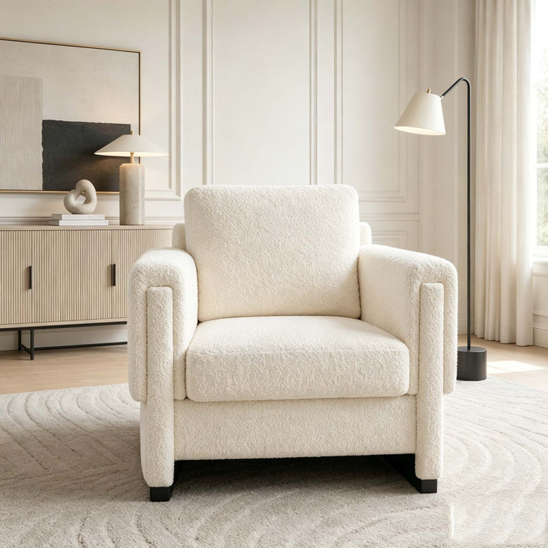 Fauteuil d'appoint rembourré avec accoudoirs en bois massif, fauteuil club carré en tissu avec coussin épais Boucle, fauteuil d'appoint moderne