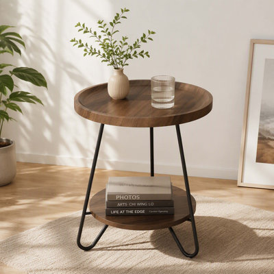 2-Tier Round Walnut Grain Tray Top Side Table, Black Curved Hairpin Metal Leg End Table Nightstand, 20 Inch Diameter