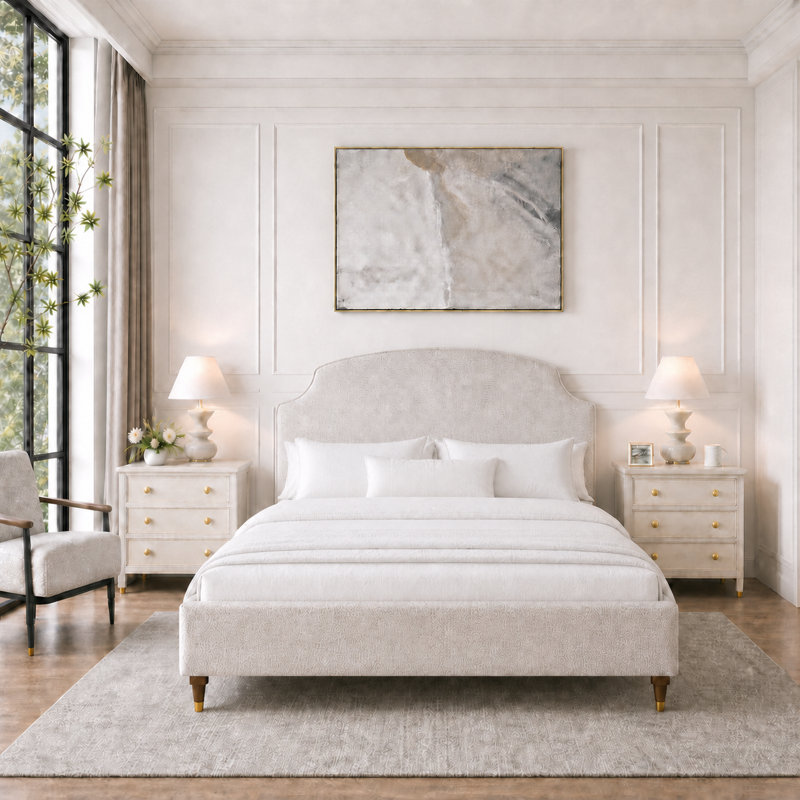 Lit plateforme double tapissier pleine grandeur avec tête de lit haute, crème, Lit double, Crème