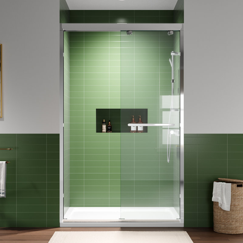 Porte de douche coulissante double demi-cadre l 44 à 48 po x H 75 po avec verre trempé transparent de 5/16 po (8 mm), Chrome