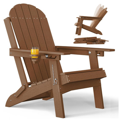Folding Adirondack Chair for Outdoor Plastic Foldable Fire Pit Chair with Cup Holders & Adjustable Backrest Sturdy All-Weather HDPE Patio Chairs For Lawn And Garden Pool (Brown)