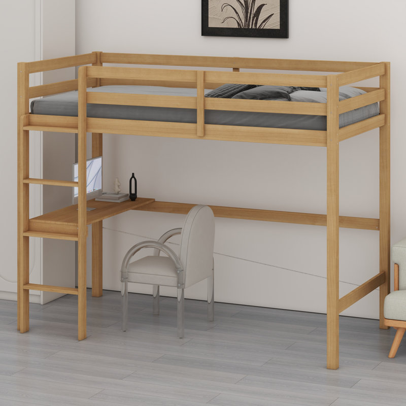 High Wood Loft Bed, With Safety Guardrail, Built-In Desk, Ladder, Oak
