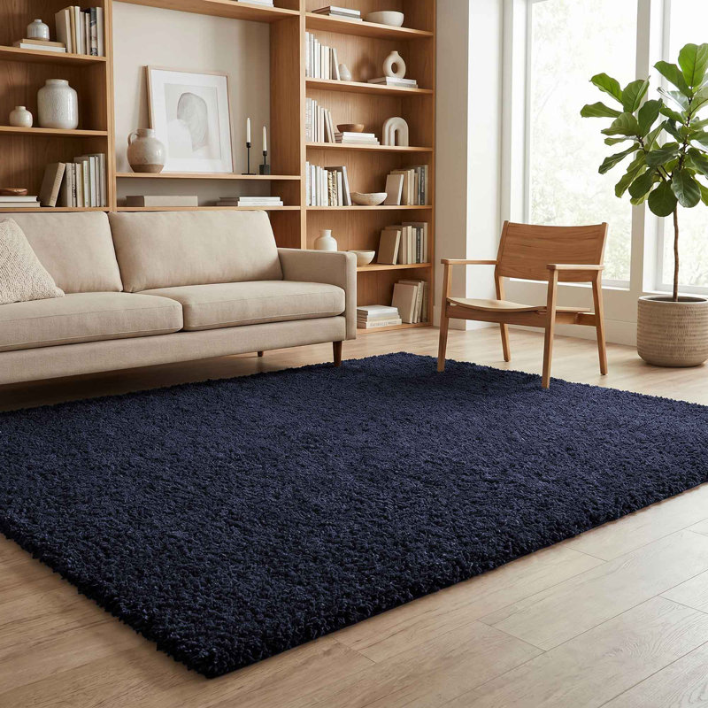 Ainsley Plain Living Room Shaggy Area Rug Modern Soft Pile Polyester Rug, Navy, Rectangle 60 x 110 cm
