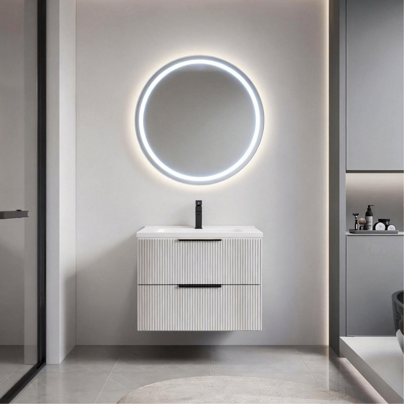 Meuble-lavabo 24 po avec lavabo en céramique - Meuble-lavabo mural flottant cannelé avec tiroirs, moderne