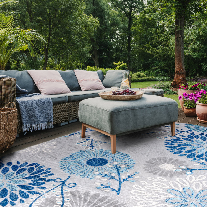 Kellems Indoor/Outdoor Grey/Royal Blue Rug, Square 91cm