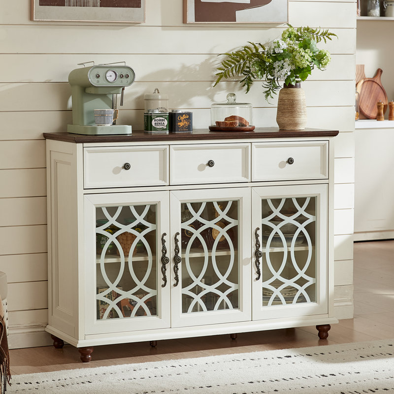 Sideboard Buffet Cabinet With Storage,48" Credenza With 3 Glass Doors & 3 Drawers,Adjustable Shelves Coffee Bar,Wood Kitchen Console Table For Dining Room,Living Room