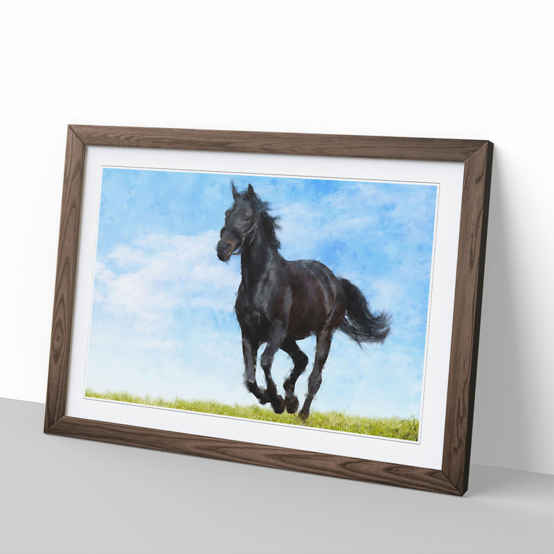 Black Horse - Picture Frame Painting, 27cm H x 36cm W x 2cm D, Walnut Framed