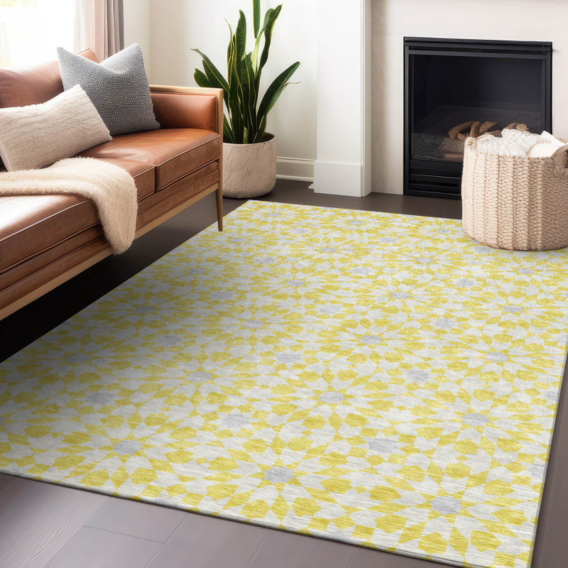 Premium Machine Washable Tweedy Yellow Rug, Rectangle 3' x 5'
