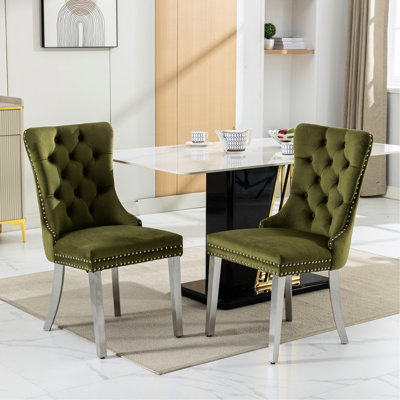 Chaise de salle à manger en velours, 2 chaises, olive, pieds en acier inoxydable chromé, ressorts, SW1701OL, pièces rembourrées hautes, velours olive, coussin à ressorts.