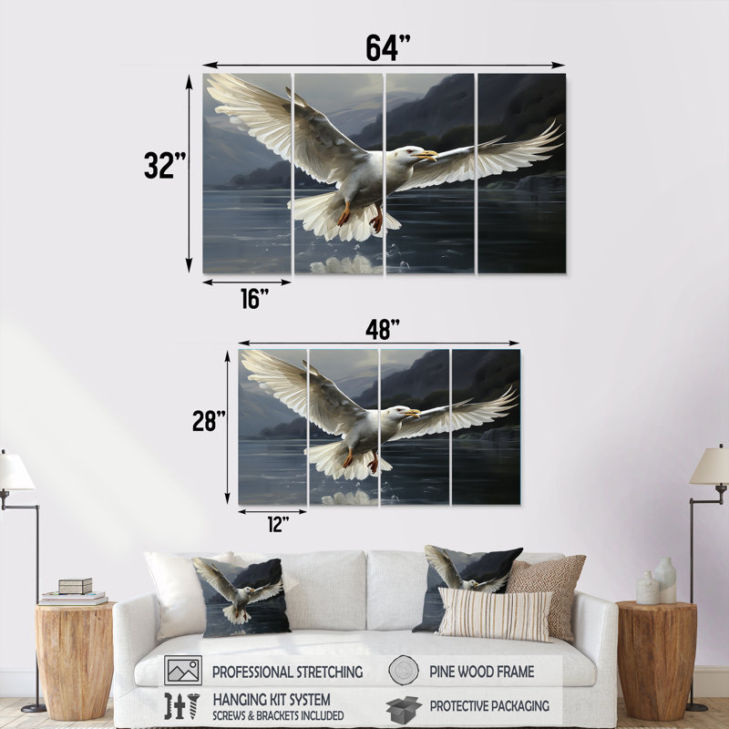 Seagulls Flight - Coastal Animal, art mural 4 pièces pour le salon, H 28 po x l 48 po