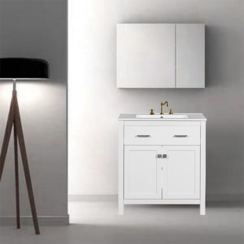 30"Modern Bathroom Vanity with Ceramic Sink, White/Silver