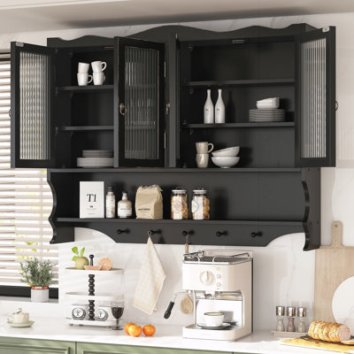 Armoire murale 39,37 po à 4 portes rétro, avec deux niveaux de rangement et un support à crochets ouverts, convient aux salles de bain, cuisines et salles à manger
