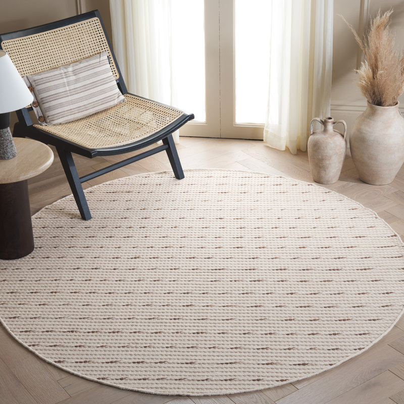 Tapis en laine / coton à tissage plat Jameya ivoire / beige, Rond 6 pi