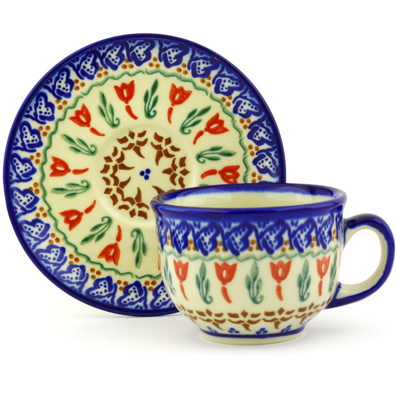 Polish Pottery Fluttering Tulips Coffee Mug with Saucer
