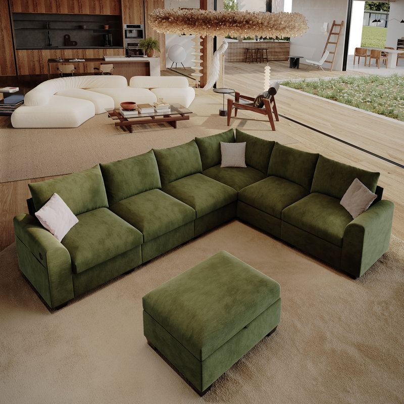 120 '' L-Shaped Modular Sectional Sofa, 6-Seater Cushioned Cloud Couch, With Ottoman Storage And USB, Green Linen