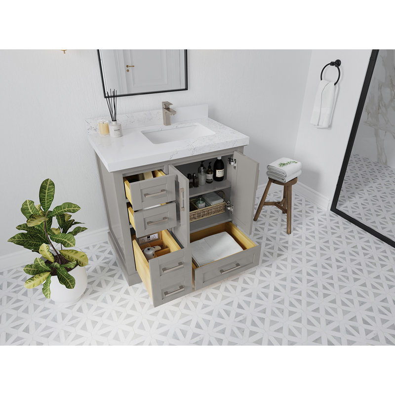 Boston 36 In. W X 22 In. D Right Offset Sink Bathroom Vanity In Elephant Skin Gray With 2 In. Viola Brown Quartz