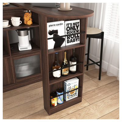 Modern Bar Cabinet with Rotating top, Counter Height Dining Cabinet with 6 Storage space and 2 Ribbed Glass Door for Kitchen, The Rotating Top with 3