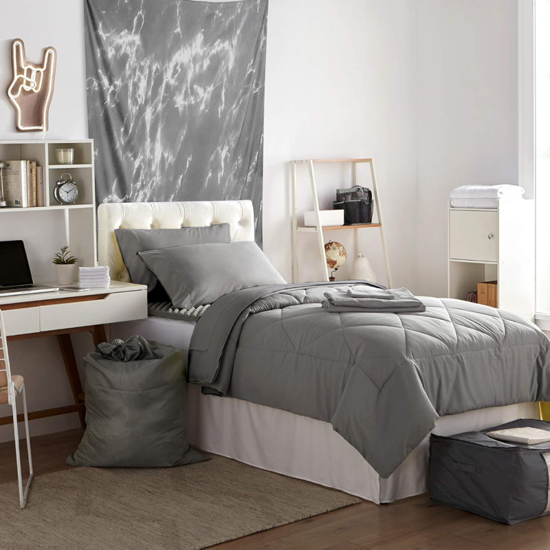 DormCo  14 Piece Ultimate College Freshman Dorm Bedding Bundle, Alloy Gray/Limelight Yellow