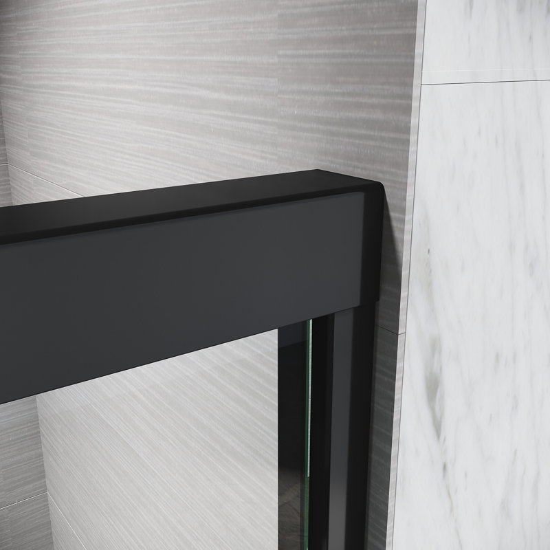 72 po Porte de douche coulissante H, type semi-réglable, verre trempé transparent épais, poignées en acier inoxydable 304, porte d'apparence noire, jeton, caractère unique