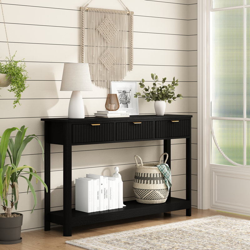 Denise 47.2" Console Table with 3 Fluted Drawers, Black, Black