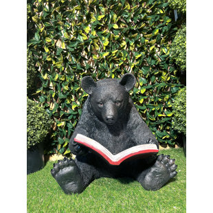 12.25 Black & Brown Bear with GONE FISHING Sign Garden Statue