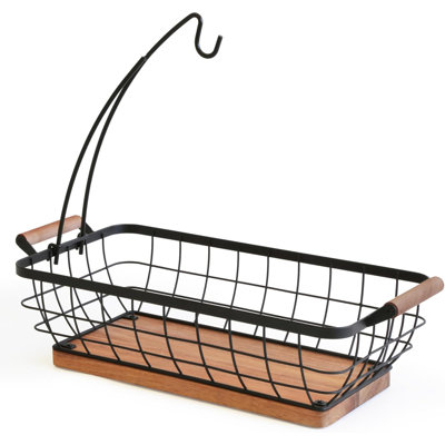 Panier à fruits rectangulaire avec support à banane, bol à fruits en métal avec base en bois