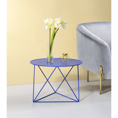 Table en métal bleu avec plateau rond et pieds triangulaires, 23 po x 23 po x 17 po, 13 lb, plateau de table pratique 23 po x 23 po x 17 po, élégant