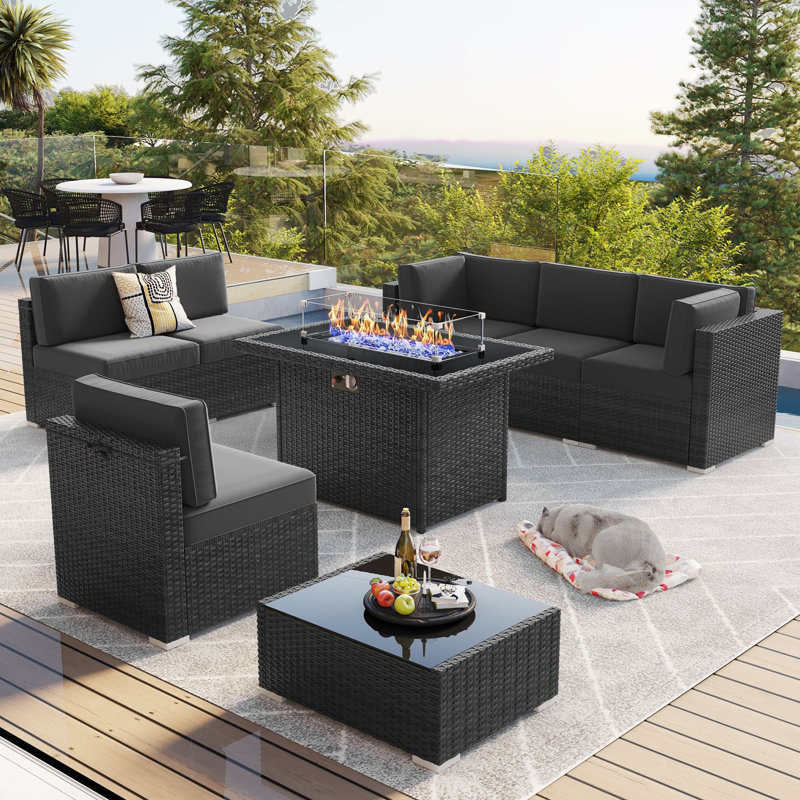  8 Piece Patio Furniture Set with 44" Propane Gas Fire Pit Table, Outdoor Sectional Conversation Set Wicker Rattan Sofa Set with Coffee Table