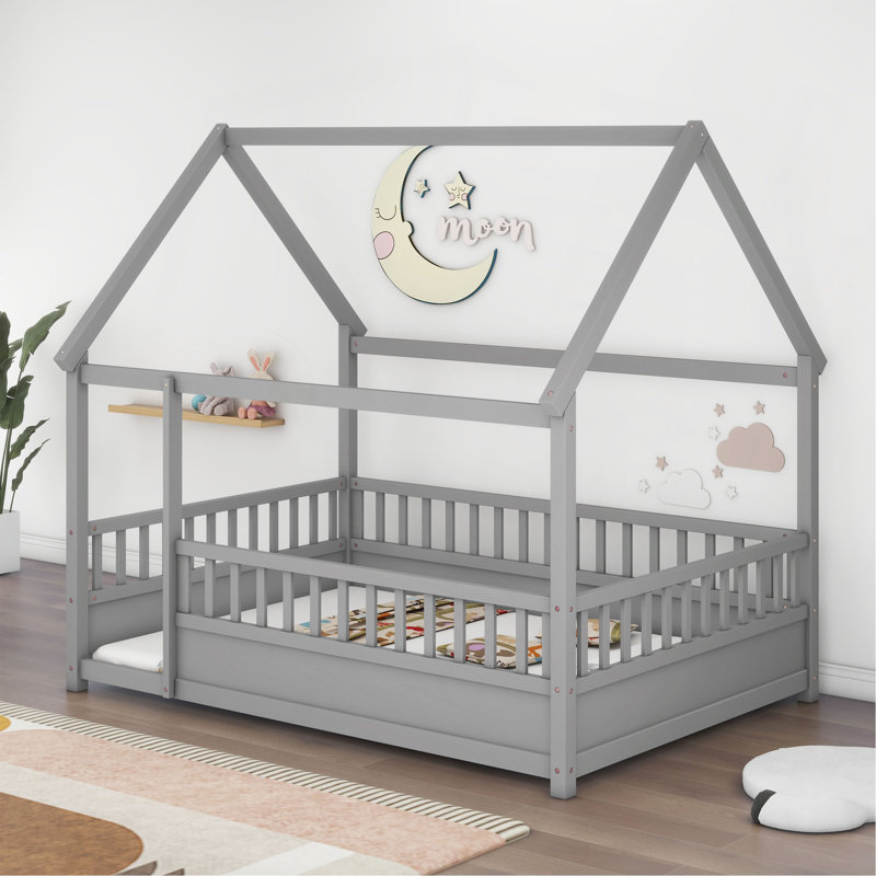Full Size Floor Wooden Bed With House Roof Frame, Fence Guardrails,Grey, Gray, Full