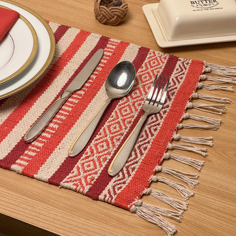 Cotton Striped Rectangle Placemat, Rust Orange