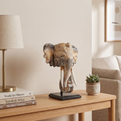 Wooden White Wash Elephant Mask Bust Statue On Stand Sculpture Figurine Home Decor Hand Carved Handmade Accent Handcrafted Decoration Wood