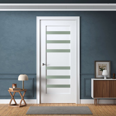 30-in x 80-in Truly Prehung Interior Door 6-Lite Small Frosted Glass Solid Core Left Hand White Primed Paint Ready Fully Assembled with Jambs and Black Hinges for Bedroom Closet Pantry Home Office and Other Interior Spaces