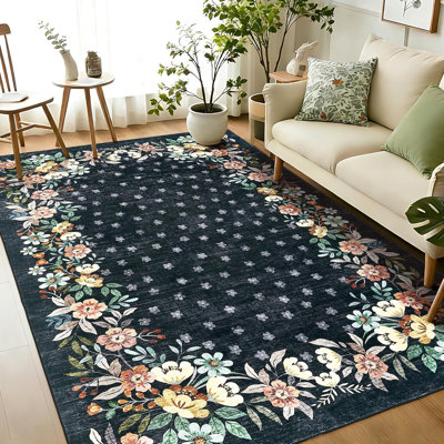 Tapis noir 240x300 cm pour salon, tapis fleuri lavable avec envers antidérapant, tapis à poils courts pour chambre et salle à manger