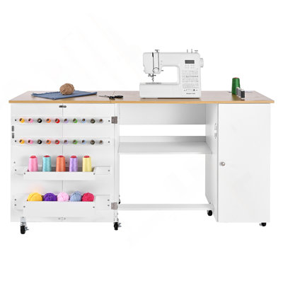 Folding Sewing Table, Multipurpose Sewing Machine Table With Cabinet, Charging Station, Compact Design, Wheels, Wooden Pegs, Storage Trays And Shelf, Craft Station And Side Desk For Home