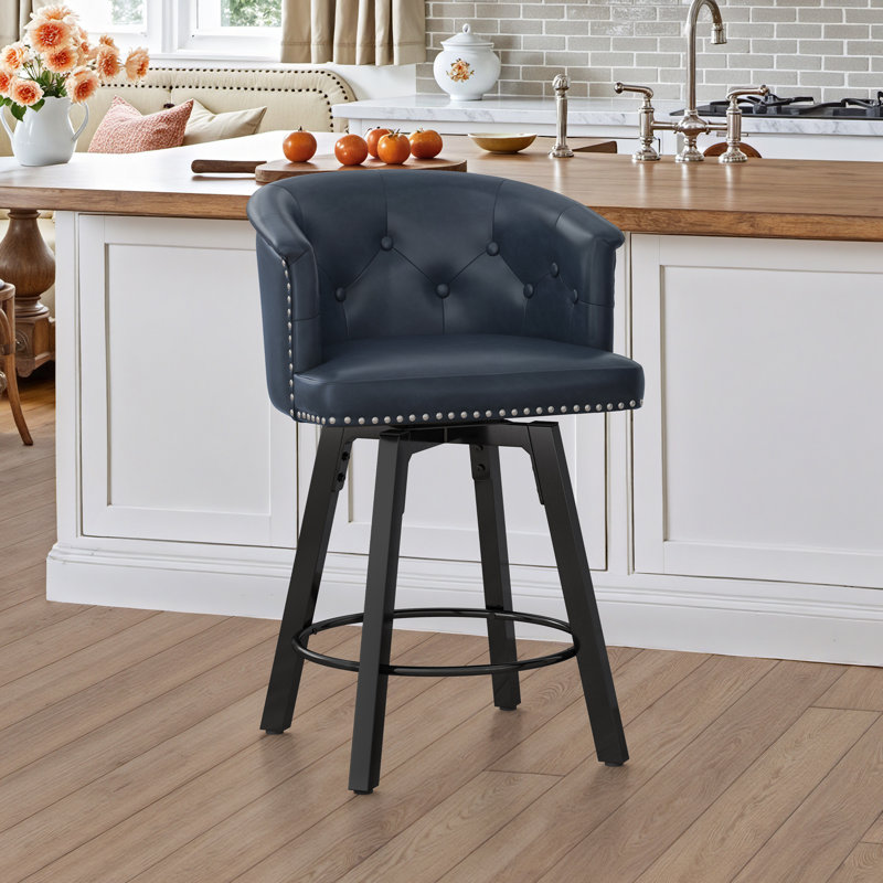 26"Swivel Upholstered Counter Stool With Metal Frame, Navy Blue
